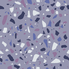 Obraz premium Terrazzo flooring, polished stone mosaic floor. Tender purple colour background. Colored pebble pattern. Marble or granite surface tile. Vector texture.