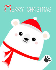 Merry Christmas. Big white polar bear waving hand paw print. Red hat, scarf. Cute cartoon funny kawaii baby character. Happy New Year. Greeting Card. Flat design. Blue background.