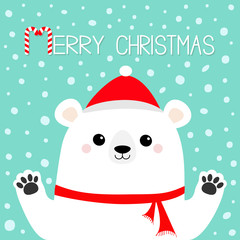 Merry Christmas. White polar bear holding hands paw print. Red scarf, hat. Cute cartoon funny kawaii baby character. Happy New Year. Greeting Card. Flat design. Blue snow background.