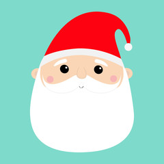Santa Claus face head round icon. Merry Christmas. New Year. Red hat. White moustaches, beard. Cute cartoon funny kawaii baby character. Greeting card. Flat design. Blue background.