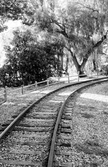 Railroad tracks in Poway Midland Railroad Park photographed in Black and White
