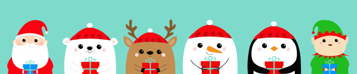 Santa Claus Elf White polar bear Raindeer Deer Snowman Penguin bird holding gift box. Face icon set. Merry Christmas. New Year. Cute cartoon funny kawaii baby character. Flat design Blue background.