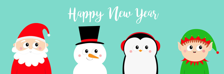 Happy New Year. Snowman Santa Claus Elf Penguin bird round head face icon set. Merry Christmas. Cute cartoon funny kawaii baby character. Greeting card. Flat design Blue background.