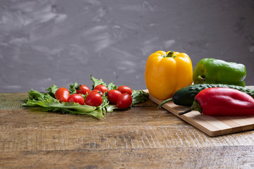 vegetables set on brown table, copy space