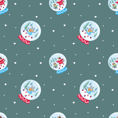 Fototapeta na wymiar Funny seamless pattern with snow globes and cheerful cats. Vector background.
