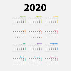 2020 Calendar Template.Calendar 2020 Set of 12 Months.Yearly calendar vector design stationery template.Vector illustration.