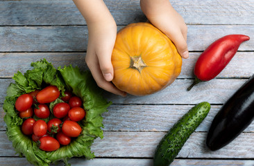 pumpkin in hands, top view