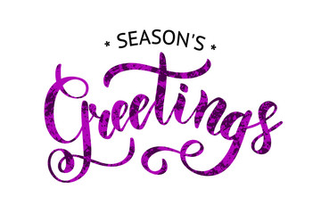 Season's Greetings brush calligraphy vector banner. Lettering winter frosty card purple text on a snowy background. Christmas posters, cards, headers, website