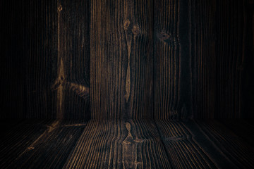 Grunge dark wood background wall and floor. wooden texture. surface, display backdrop, put product.