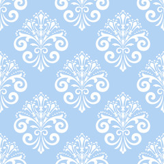Fototapeta na wymiar Wallpaper in the style of Baroque. Seamless vector background. White and blue floral ornament. Graphic pattern for fabric, wallpaper, packaging. Ornate Damask flower ornament