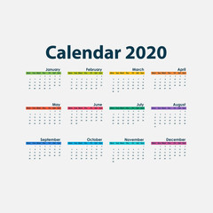 2020 Calendar Template.Calendar 2020 Set of 12 Months.Yearly calendar vector design stationery template.Vector illustration.