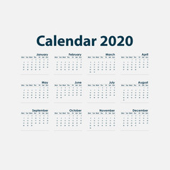 2020 Calendar Template.Calendar 2020 Set of 12 Months.Yearly calendar vector design stationery template.Vector illustration.