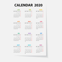 2020 Calendar Template.Calendar 2020 Set of 12 Months.Yearly calendar vector design stationery template.Vector illustration.