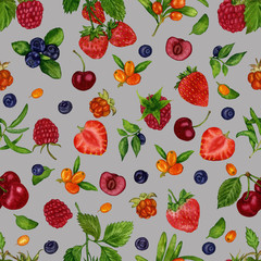 Watercolour handmade berries. For your design of wrapping paper, fabric, etc. Seamless pattern with beautiful berries of raspberries, cloudberries, blueberries, blueberries, strawberries, cherries 