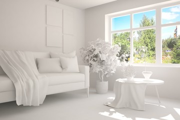 White room with sofa and green landscape in window. Scandinavian interior design. 3D illustration