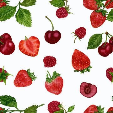 Seamless pattern with painted watercolour of a berry on a white background. Watercolour illustration hand painted.  For your design of wrapping paper, fabric, etc.