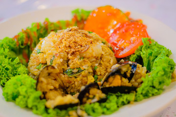 Kampung-style fried rice with sausage slices, fresh prawns, egg and anchovies