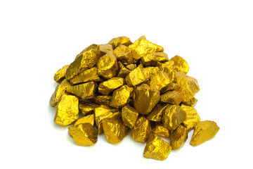 A pile of gold nuggets or gold ore on white background, precious stone or lump of golden stone, financial and business concept.