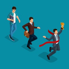 Trendy isometric people, 3d businessman, development start-up, creative young businessman, freelancer, start-up process, career growth, business concept