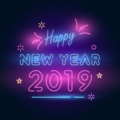 Fototapeta na wymiar 2019 Happy New Year Celebration. Neon Style.