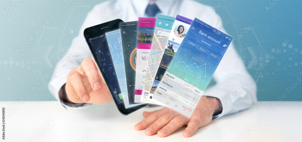 Poster businessman holding mobile application template on a smartphone 3d rendering