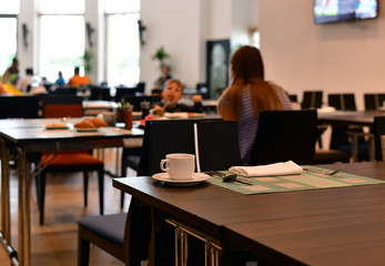 Fototapeta na wymiar Cafe interior with visitors in the defocus