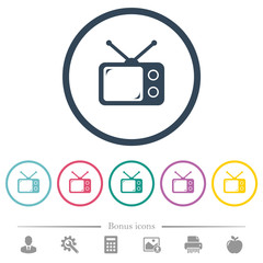 Vintage retro television flat color icons in round outlines