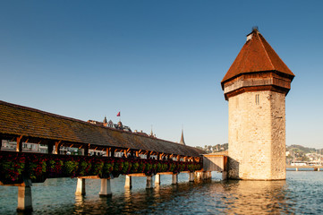 Lucerne Chapel Bridge in bright evening, Switzerland