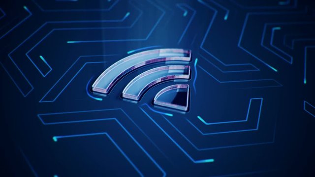 Abstract Background With Animation Of Symbol Wifi Signal From Glass On Backdrop Of Glowing Circuit.