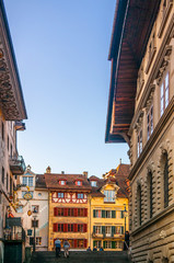 Old vintage buildings and stairway to Kornmarkt in old town Lucerne, Swizerland