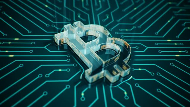 Abstract background with animation of symbol bitcoin from glass on backdrop of glowing circuit.