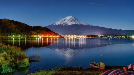 Fuji Mountain Reflection at Night, Kawaguchiko Lake, Japan