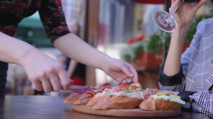 Food And Drink. Closeup Woman Drinking Wine With Snacks