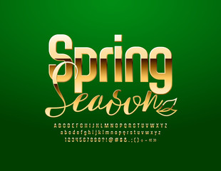 Vector stylish Emblem Spring Season. Chic Golden Alphabet Letters, Numbers and Symbols. Elegant glossy Font. 