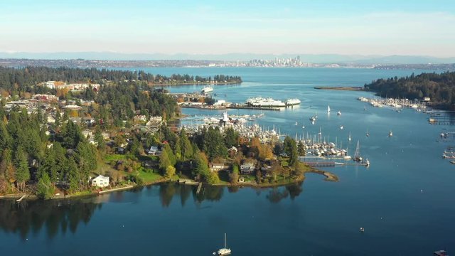 Cinematic Aerial Drone View of Eagle Harbor Bainbridge Island Washington USA and City of Seattle