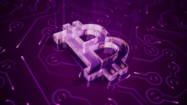 Abstract background with animation of symbol bitcoin from glass on backdrop of glowing circuit.