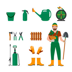 Colorful vector set of garden icons: garden tools, equipment,  gardener. Concept of gardening.
