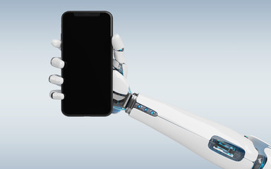 White robot hand holding smartphone mockup 3d rendering