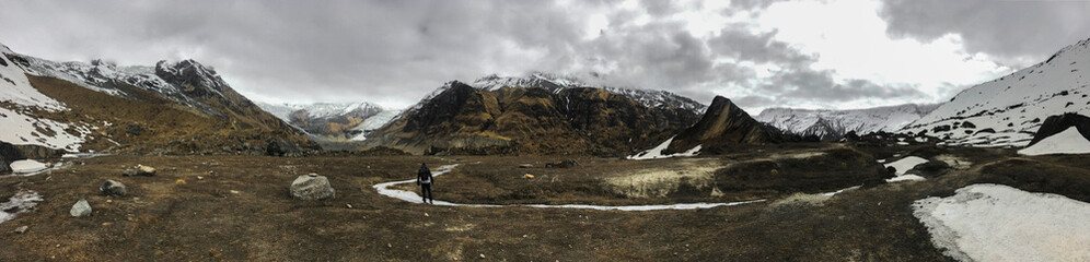 Fototapeta na wymiar Panoramic view of Annapurna range mountains in a cloudy spring day