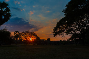 Acacias at colorful sunset in Angkor Wat temple 