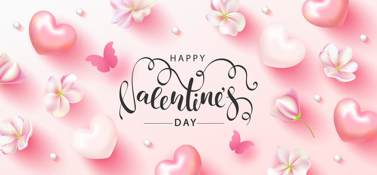 Happy Valentine's Day Festive Card. Beautiful Background with spring flowers, hearts, beads and butterfly. Vector Illustration.