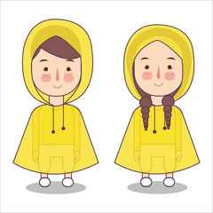 Cute little girl and boys playing wearing rain coat and boots vector stock illustration