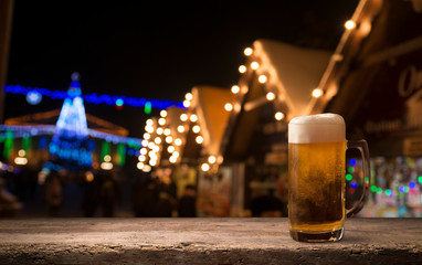 Desk space platform over bokeh light at night pub for product display montage.