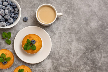 Blueberry muffins with cup of coffee on grey background. Top view. With copy space