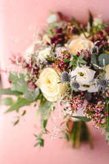 Happy bridal bouquet with pink and white tones for wedding day