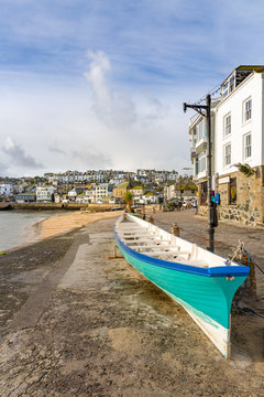 Cornish Pilot Gig on the quayside, St Ives, North Cornwall, UK