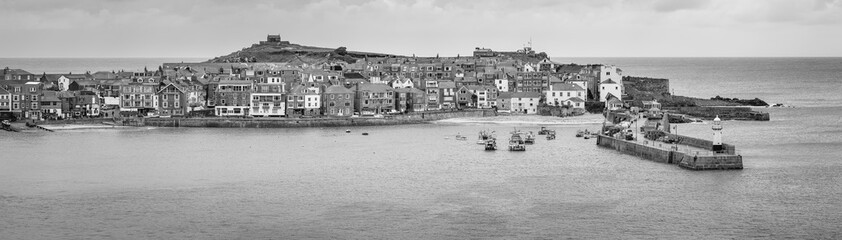 Black and white Panoramic View, St Ives Harbour, Cornwall.