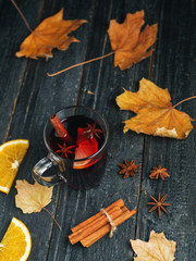 A mug of mulled wine with cinnamon, anise and citrus