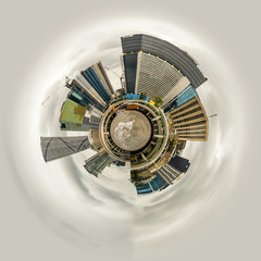 Little planet view of Brisbane skyline seen from a boat on the river