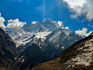 View on the summit of Machapuchare mountain. 